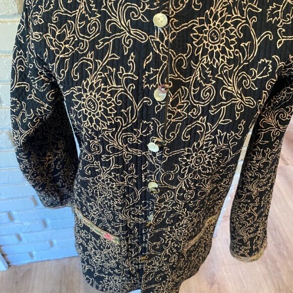 Vintage Quilted Reversible Jacket Black with Floral and Black and White M #005 - Picture 7 of 13